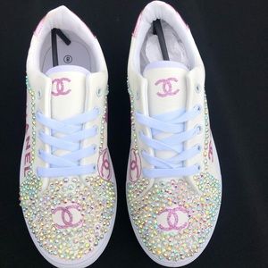 Custom designed pink and white bling sneakers!
